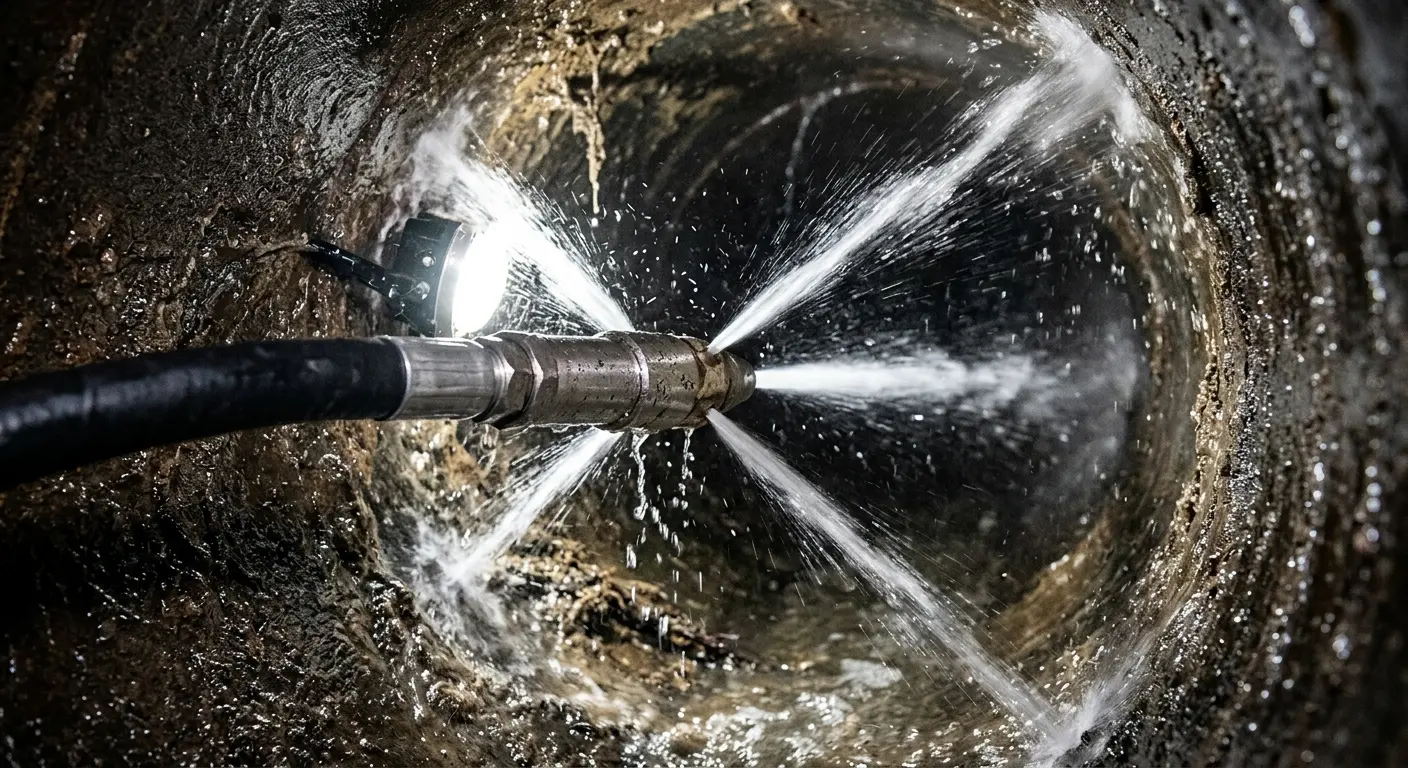 High-pressure hydro jetting nozzle cleaning sewer pipe for Trenchless Sewer Repair in Columbia Falls