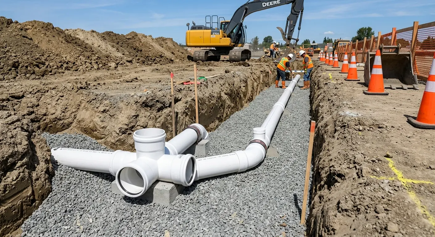 New PVC sewer pipe installation in open trench for Commercial Drain Cleaning in Columbia Falls