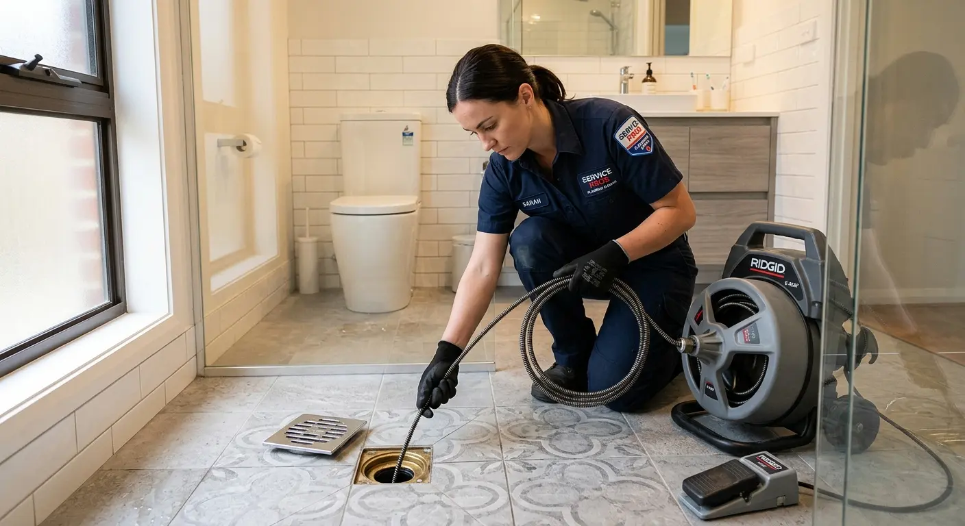 Technician clearing a bathroom floor drain for Clogged Drain Repair in Columbia Falls